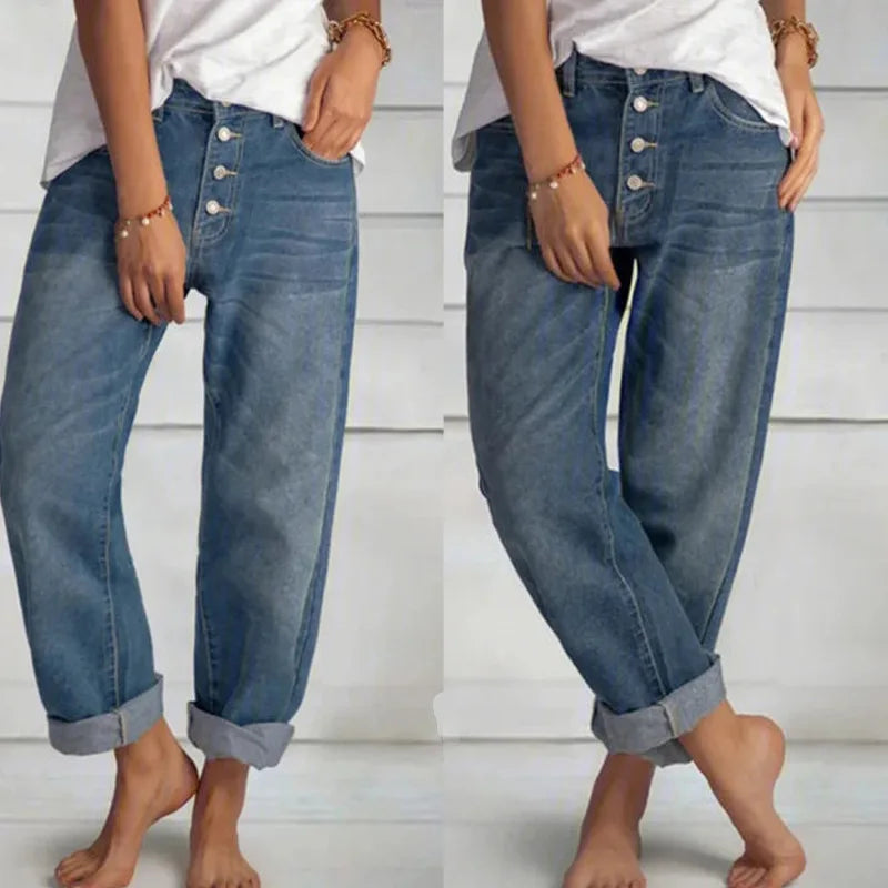 Jeans Straight Pants Women Denim Spliced Button Loose Pockets High Waist Wash Ankle Length 2024 Vintage Distressed Basics