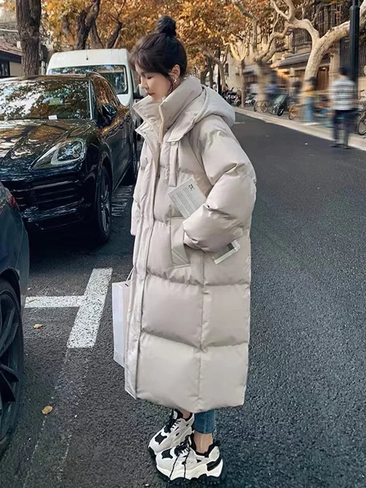 New Winter 2024 Women's Long Jacket Jacket Thickened Korean Loose Stylish Windproof Warm Hooded Down Cotton Jacket Coat