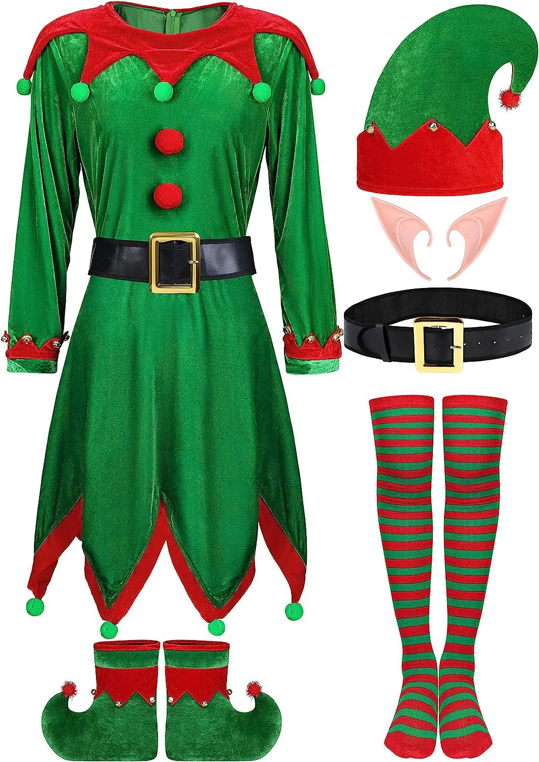 Christmas Santa Claus Costume Women Green Elf Cosplay Dress Adult Kids Belt Hat Elf Ear Suit New Year Xmas Party Outfits
