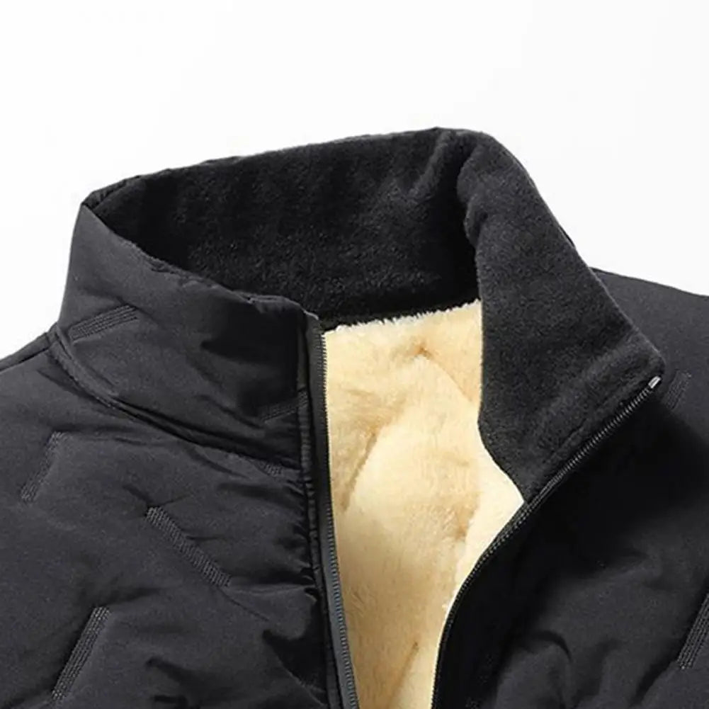 Embossed Lines Jacket Men Jacket Men's Embossed Lines Lapel Jacket with Zipper Pockets Elastic Hem Plush Lining Coat for Warmth