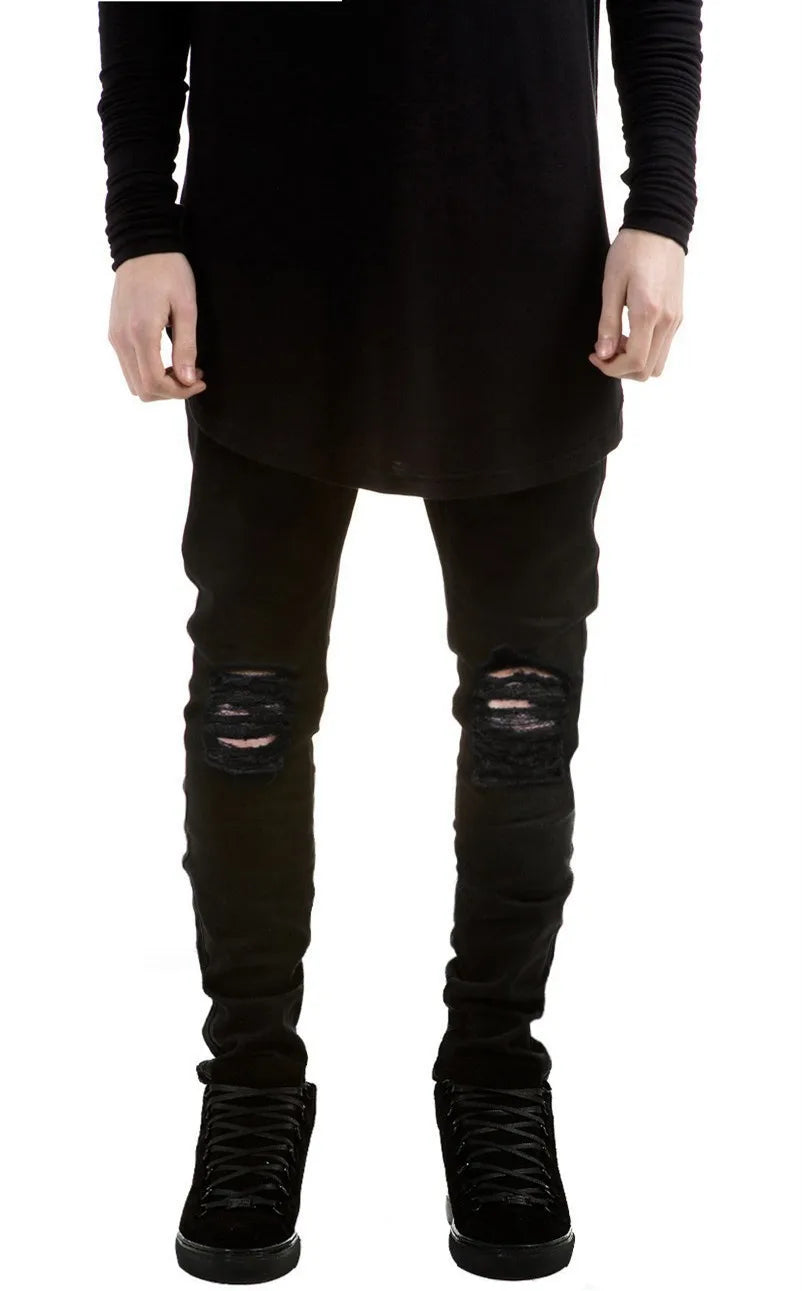 Denim Pencil Ankle Length Pants Men Jean Ripped Washed Zipper Fly Hole Jeans Skinny Solid Pockets High Street Distressed