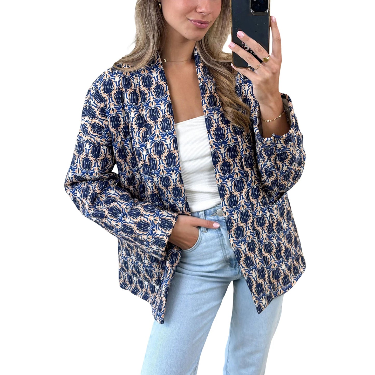 2024 New Fashion Women Winter Padded Jacket Vintage Print Open Front Quilted Long Sleeve Coat Cardigan