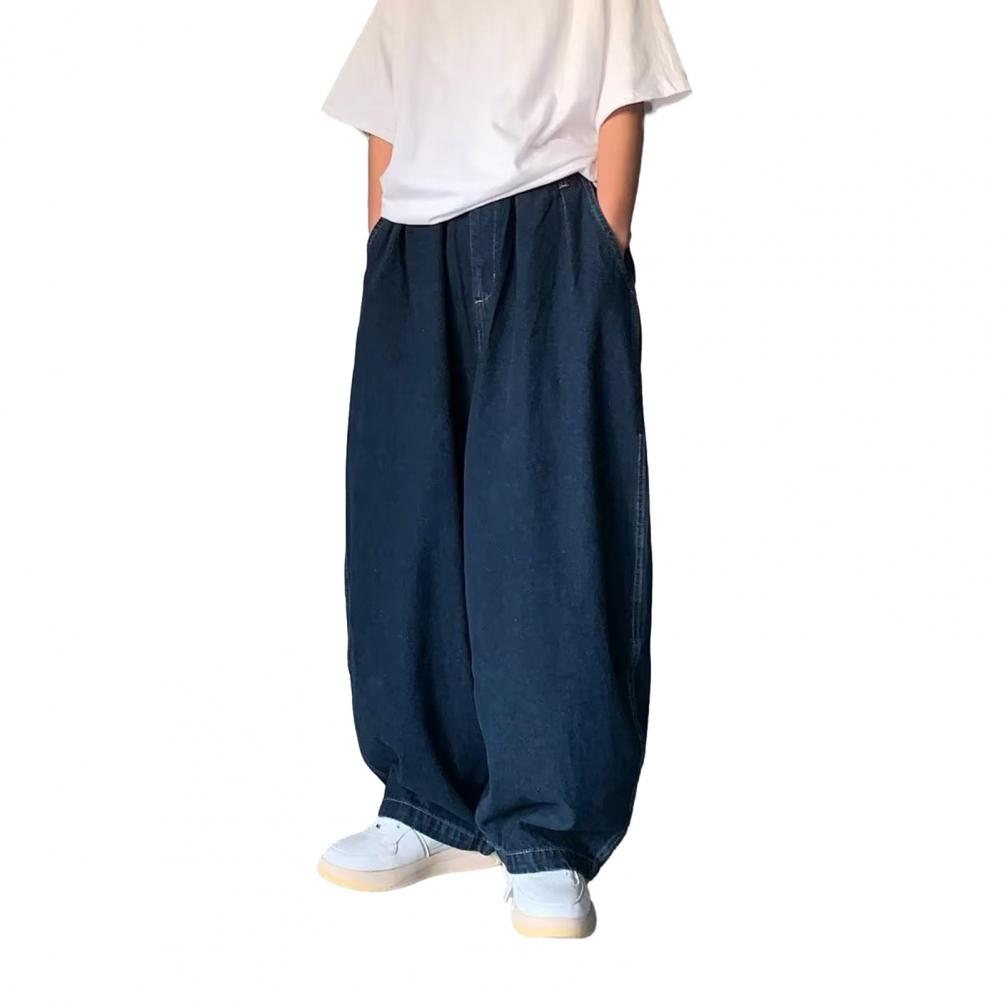 Pantalones vaqueros de tiro medio para hombre, cintura elástica, bolsillos, color liso, holgados, pierna ancha, ropa de calle