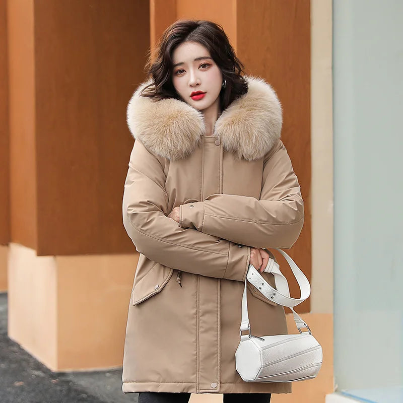 Women Parka Fashion 2023 Winter Jacket Slim with Fur Collar Warm Snow Wear Padded Clothes Long Coat Wool Liner Hooded Parkas