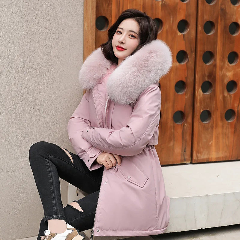 Women Parka Fashion 2023 Winter Jacket Slim with Fur Collar Warm Snow Wear Padded Clothes Long Coat Wool Liner Hooded Parkas