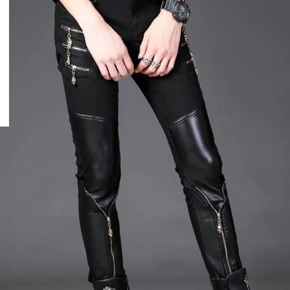 Pantalones vaqueros de lujo para hombre, estilo coreano, ajustados, informales, negros, con empalme de cuero PU y cremallera, diseño de club nocturno.