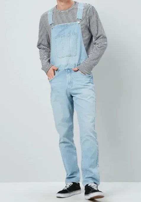 Men Street Denim Suspenders Pants Straight Long Jeans Male Splicing Pockets Denim Trousers Vintage Washed Overalls Jumpsuit
