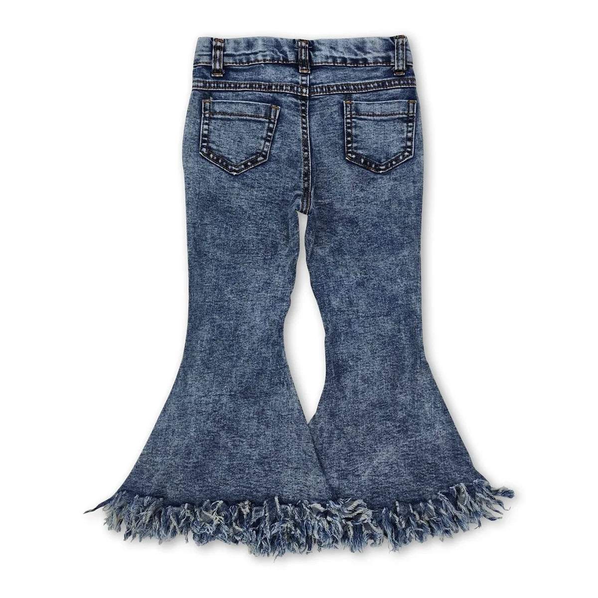 Pantalones vaqueros acampanados de mezclilla azul claro para niñas con detalle de borlas, de algodón suave.