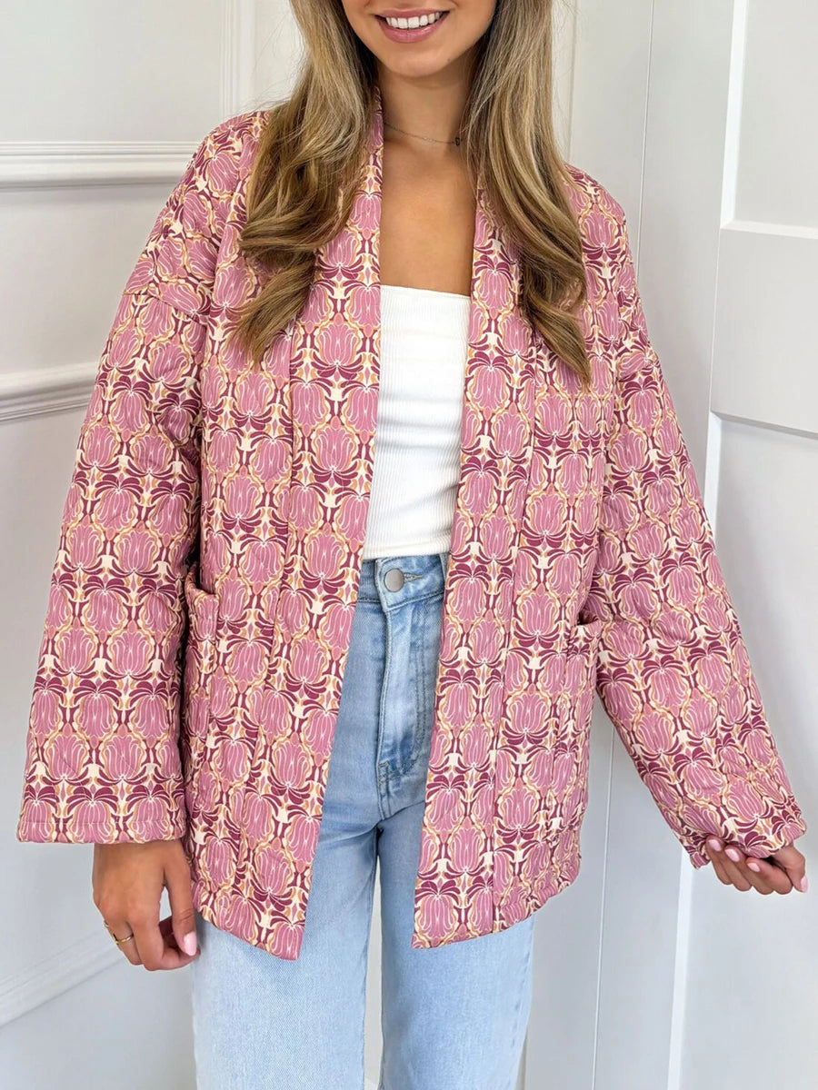 2024 New Fashion Women Winter Padded Jacket Vintage Print Open Front Quilted Long Sleeve Coat Cardigan