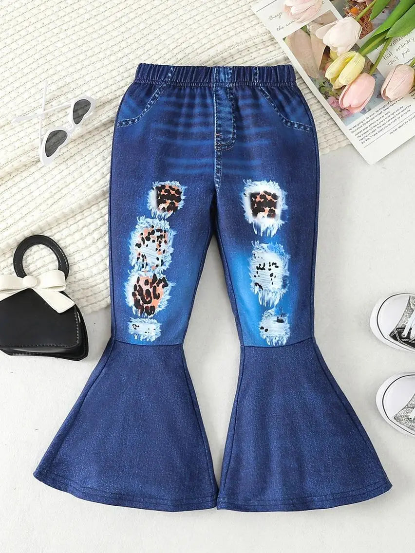 Directional Development of Girls' Daily Casual Street Style Hole Printed Elastic Waist Splicing Flared Pants Spring & Fall Style