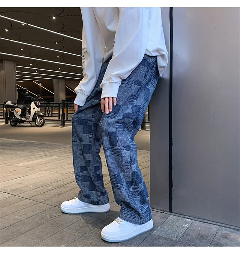 Autumn Blue Black Plaid Jeans For Men Y2K Vintage Wide-leg Jean High Street Loose Straight Denim Trousers Hip Hop Pantalones