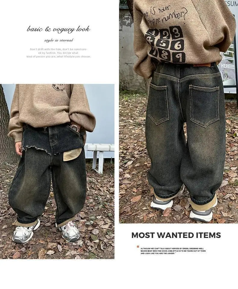 Spring and Autumn Boys' Integrated Velvet Jeans New Korean Splicing Children's Autumn and Winter Thick Velvet Denim Pants