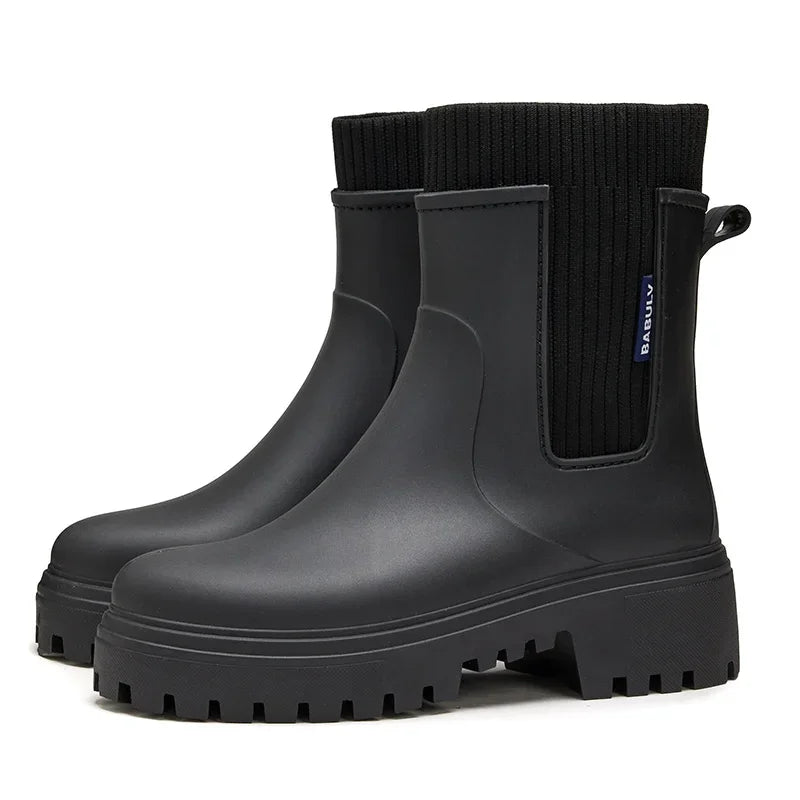 Botas de lluvia para mujer, de moda para las cuatro estaciones, para exteriores, de tubo medio, impermeables, antideslizantes, de goma, botas de lluvia de moda con funda de algodón