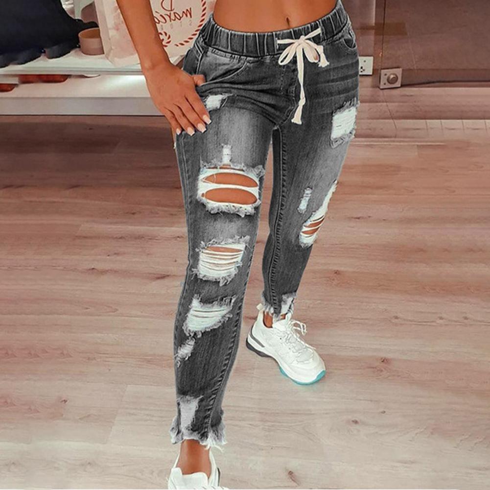 2022 Hot Sale Women Ripped Elastic Waist Jeans Fashion Slim High Stretch Denim Pencil Pants Large Size Trousers S-5XL Drop Ship