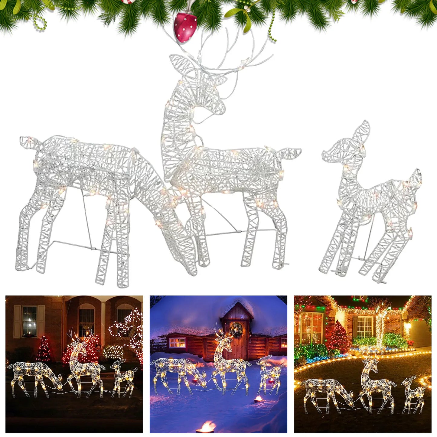 3Pc Lighted Deer Reindeer Family Lighted Deer Christmas Decor With Led Lights Light Up Bucks Doe And Fawn Indoor Or Outdoor Yard