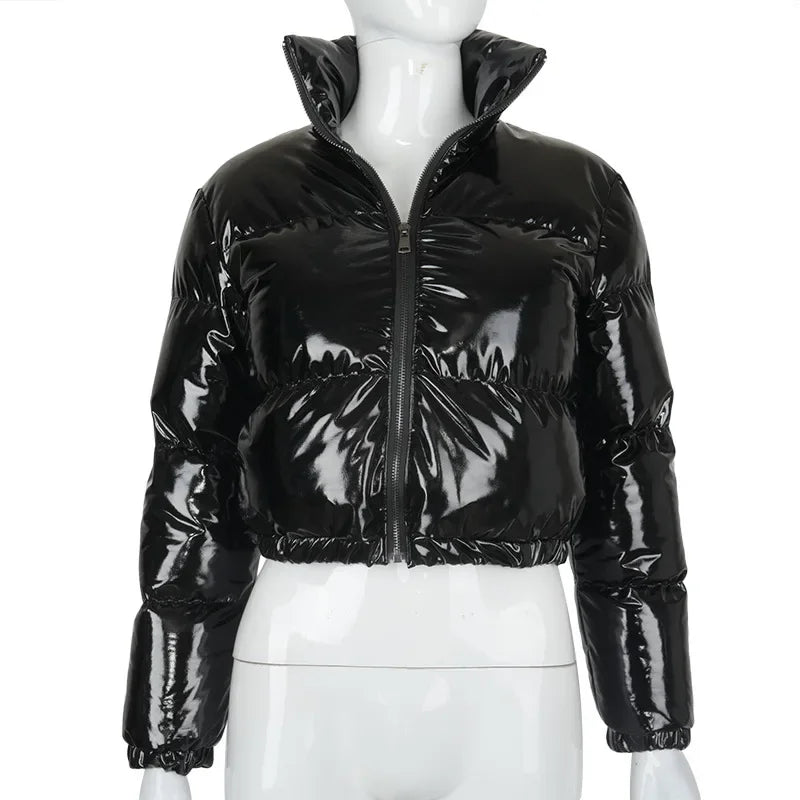 European and American Solid Color Mirror Pu Leather Down Jacket, Womens' Winter New Short Zippered Stand-up Collar Padded Jacket