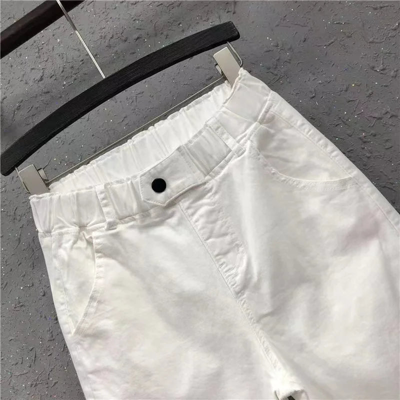 2025 Fashion Summer Women Harem Pants All-matched Casual Cotton Denim Pants Elastic Waist Solid Yellow White Jeans Female 3XL
