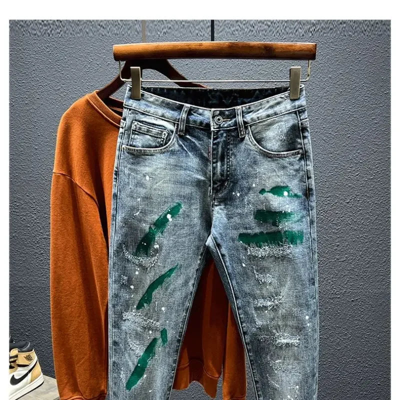 Trendy Jeans Men's Slim Fit Autumn 2024 New Style Ripped Punk Denim Pants Versatile Stretchy Little Shorts For Men
