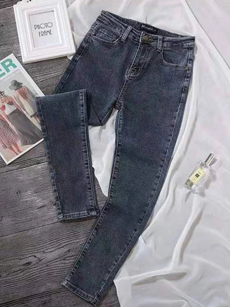 Pantalones vaqueros de cintura alta para mujer, de mezclilla, para primavera y verano, nuevos, ajustados, elásticos y combinables.