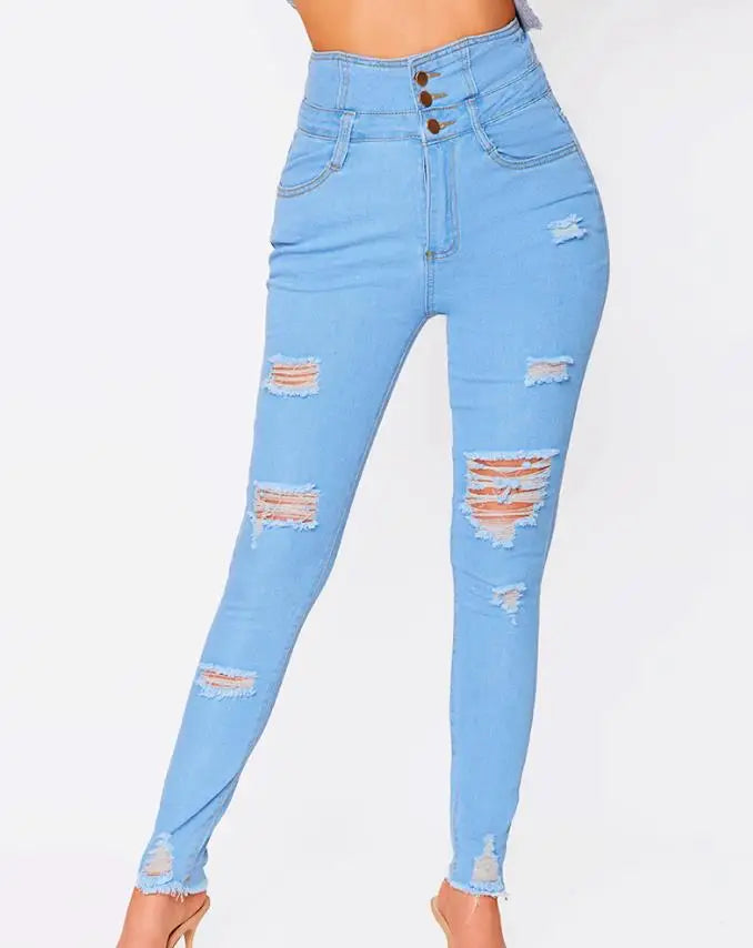 Women Fashion Stretch Ripped Distressed Skinny High Waist Denim Pants Trousers Slim Jeggings Ladies Spring Autumn Wear