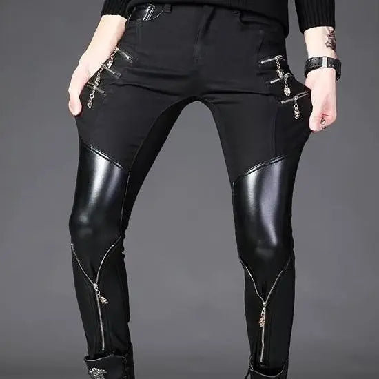 Pantalones vaqueros de lujo para hombre, estilo coreano, ajustados, informales, negros, con empalme de cuero PU y cremallera, diseño de club nocturno.