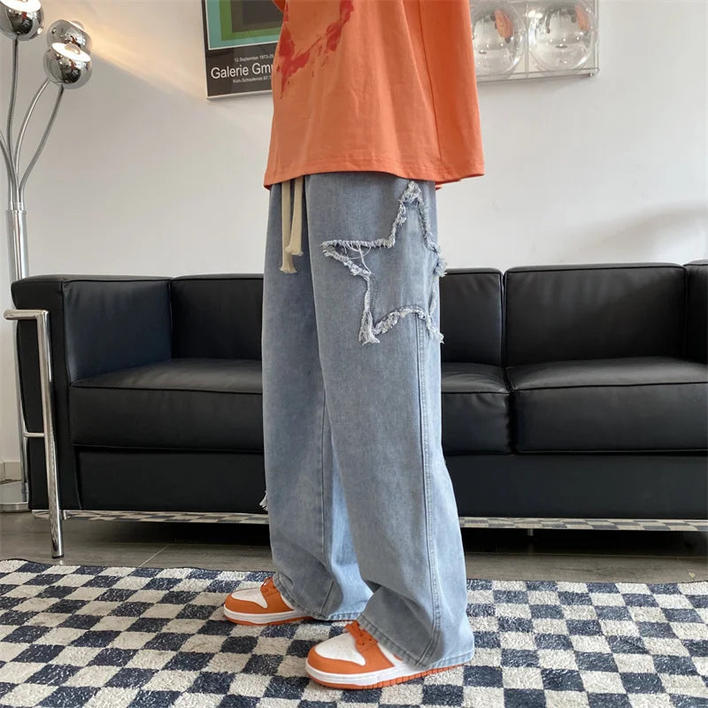 American Retro Star Embroidery Jeans Men's Baggy Hip Hop Fashion Denim Pants 2025 New Casual Y2K Streetwear Straight Trouser