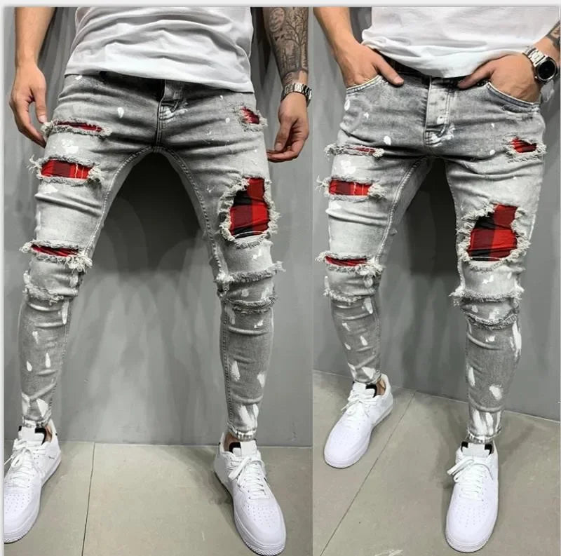 Pantalones vaqueros ajustados de cintura media con agujeros desgastados para hombre, estilo urbano, hasta el tobillo, lavados, 2025