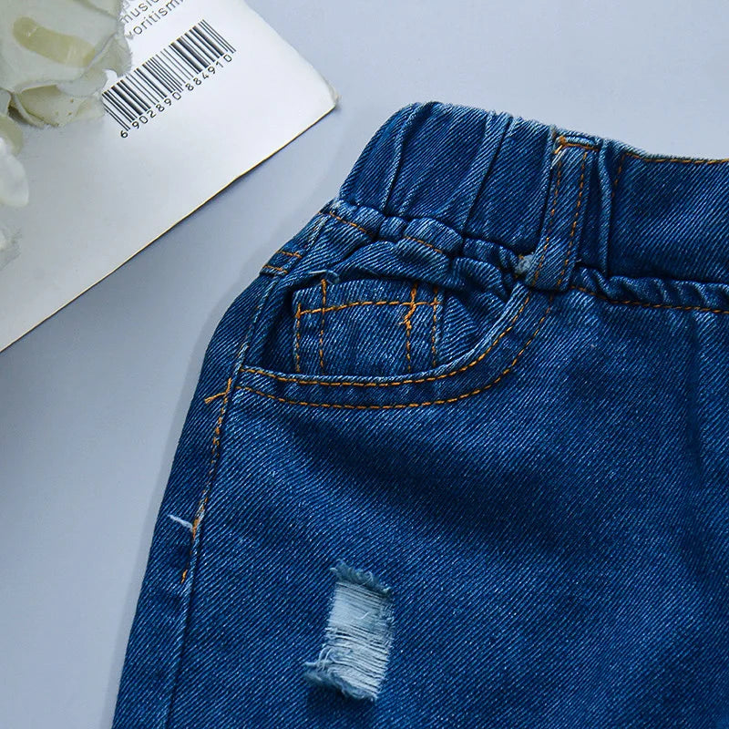 Children's Jeans Baby Girl's Fashion Pants with Holes Cute Children's Soft Denim Casual Pants