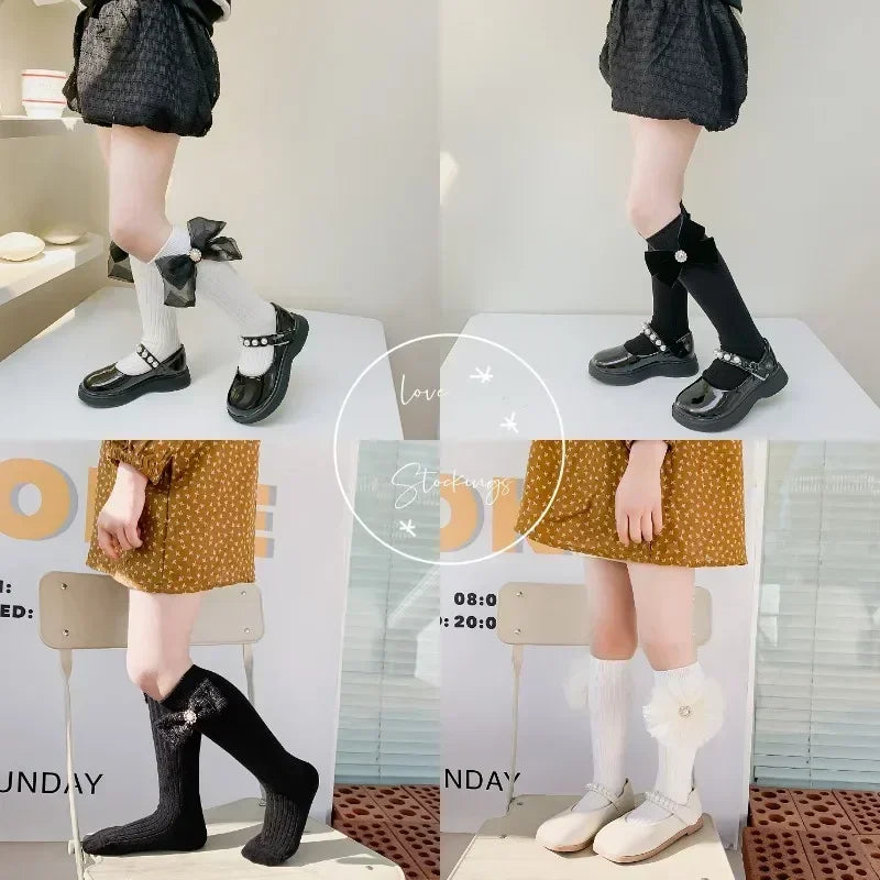 1 Pair Kids Girl Sock Rerto Lace Bow Princess Calf Sock for Children Girl Spring Summer Thin Stocking Knee High Baby Girl Sock