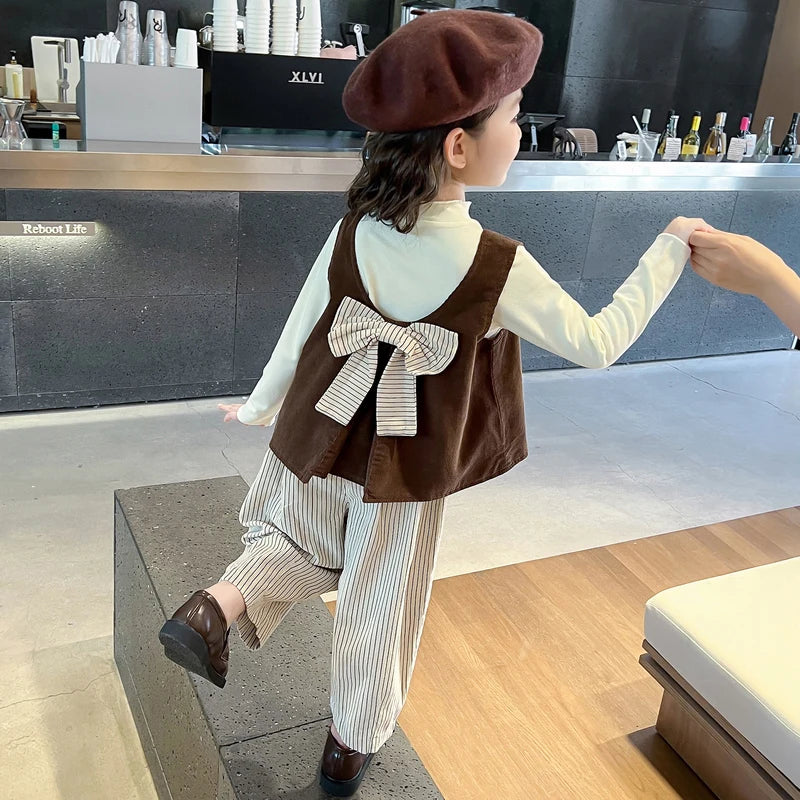Girls Autumn Spring Clothing Set Fashion Children's Bow Tie Vest + Undershirt + Wide-Leg Pants Three-Piece Set 2025 New