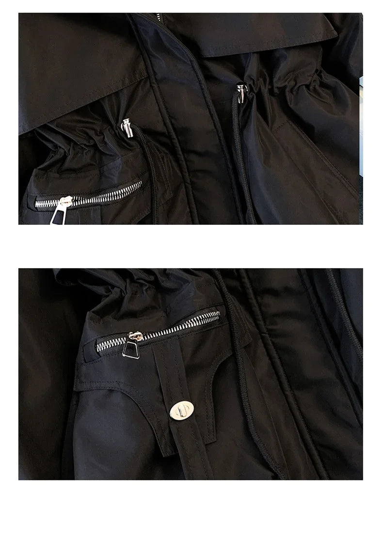 Fur Hooded Women Thick Parkas Zipper Autumn Coats Elastic Waist Midi Jackets Pockets Coats Elegant Coat Warm Winter 2024