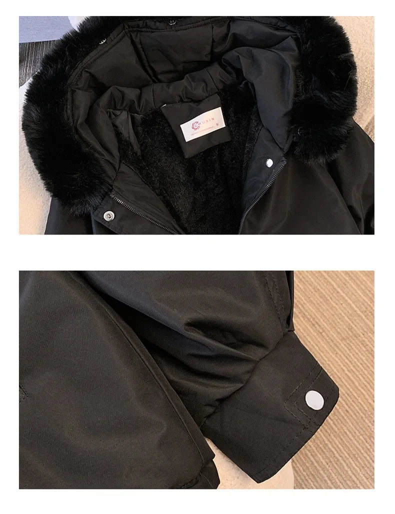 Fur Hooded Women Thick Parkas Zipper Autumn Coats Elastic Waist Midi Jackets Pockets Coats Elegant Coat Warm Winter 2024