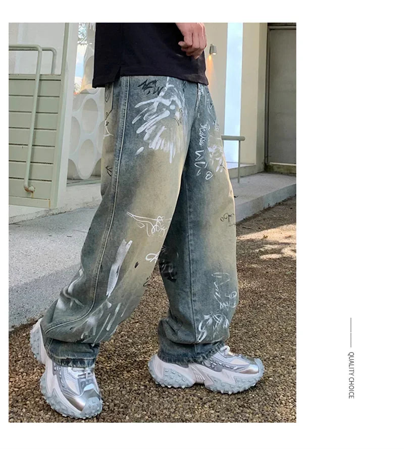 New Graffiti Printed Baggy Jeans For Men Y2K Vintage Distressed Blue Harajuku Denim Pants High Street Straight-leg Jean Trousers