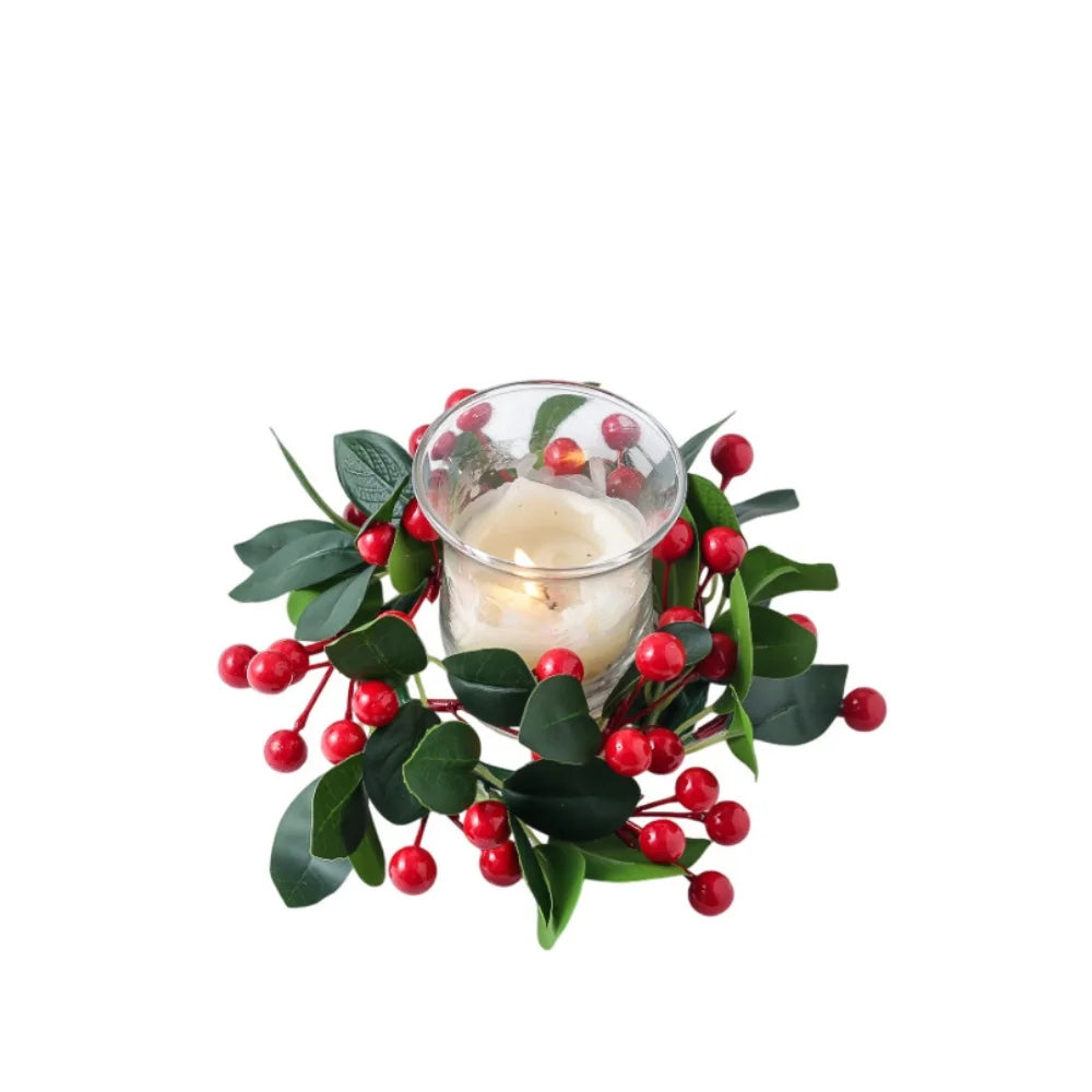 Christmas Wreath Artificial Berries Pinecone Pine Candlestick Wreaths Garland Candle Ring Table Home Party Decoration