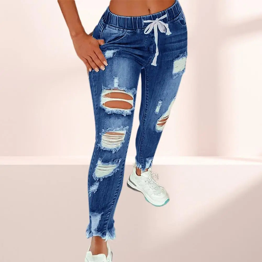 Popular Pencil Jeans Streetwear Women Jeans Slim Slim-fitting All Match Denim Pants Elastic Waist