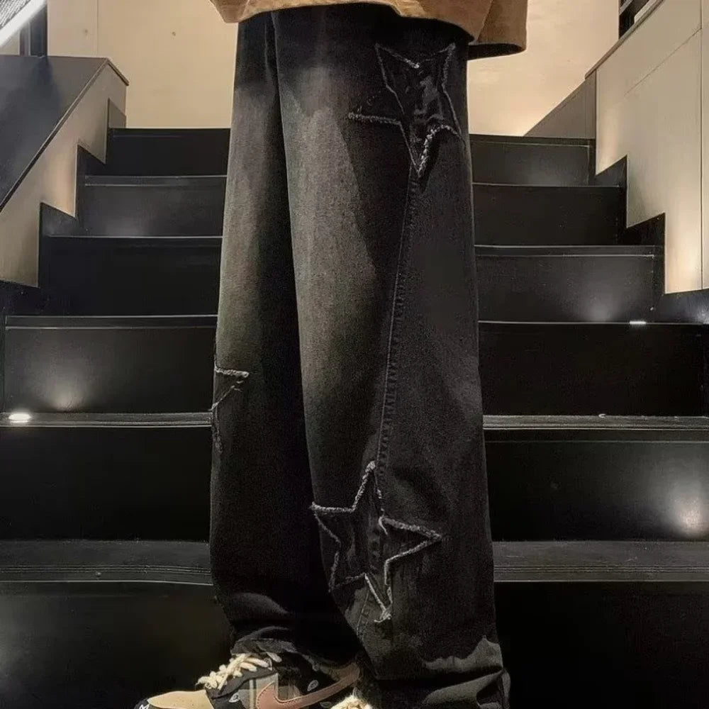 Pantalones vaqueros rectos informales con bordado de estrellas para hombre, estilo gótico, neutros, nuevos, holgados, de pierna ancha, estilo hip-hop, estilo urbano, pantalones vaqueros Y2K para hombre