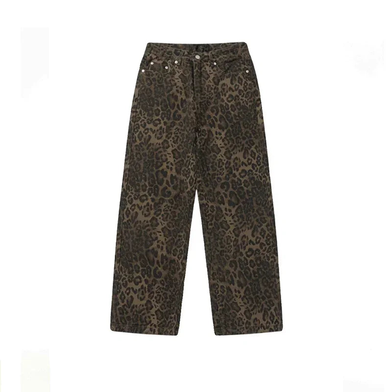 Baggy Leopard Jeans Coquette y2k clothes Women High Waisted Casual Wide Leg Denim Pants Fashion Streetwear Retro Straight Jeans