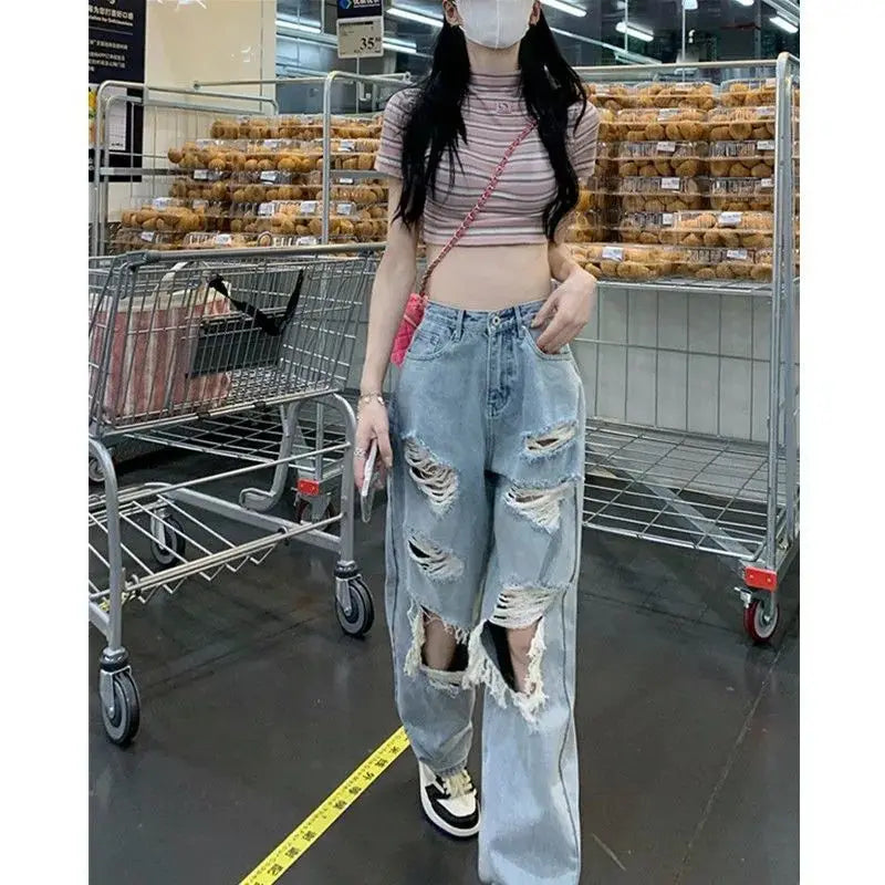Pantalones vaqueros desgastados de cintura alta para mujer, de primavera y verano, de tubo recto, holgados, de pierna ancha, lavados, de talla grande, 2022