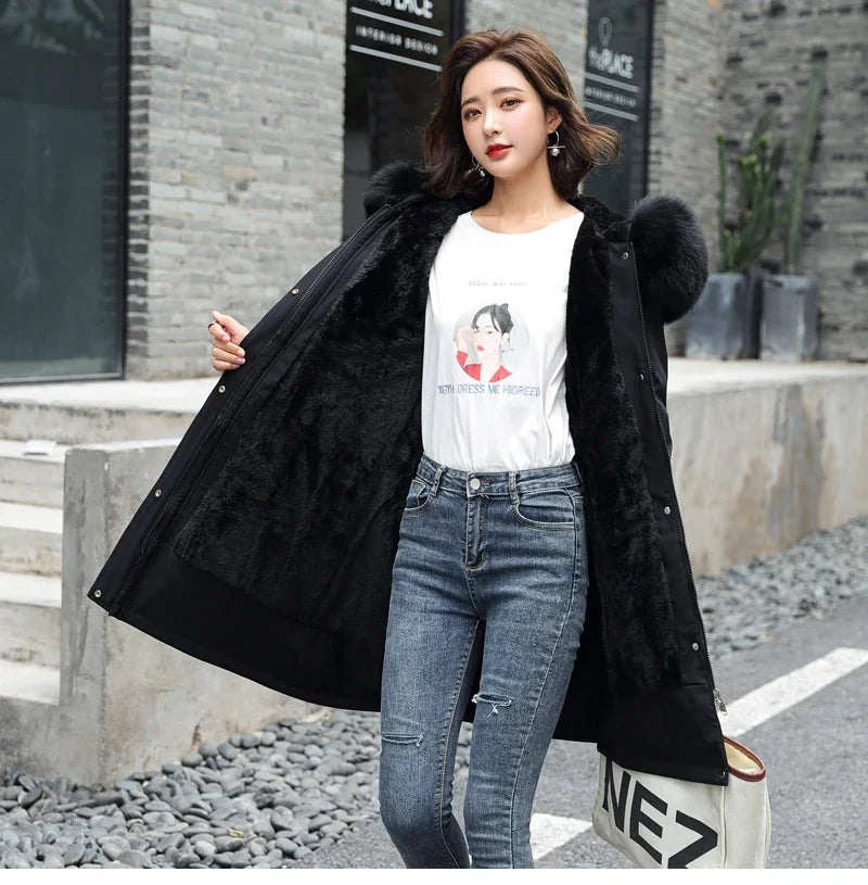 Cotton Liner Parker Women Long Coat Parka Coats Adjustable Waist Fur Collar Winter Jacket Coat Medium Long Hooded Parka Jackets