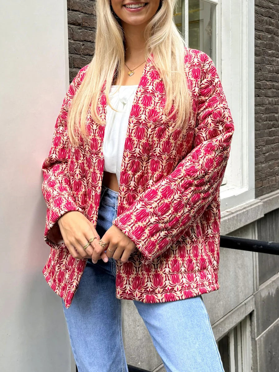 2024 New Fashion Women Winter Padded Jacket Vintage Print Open Front Quilted Long Sleeve Coat Cardigan