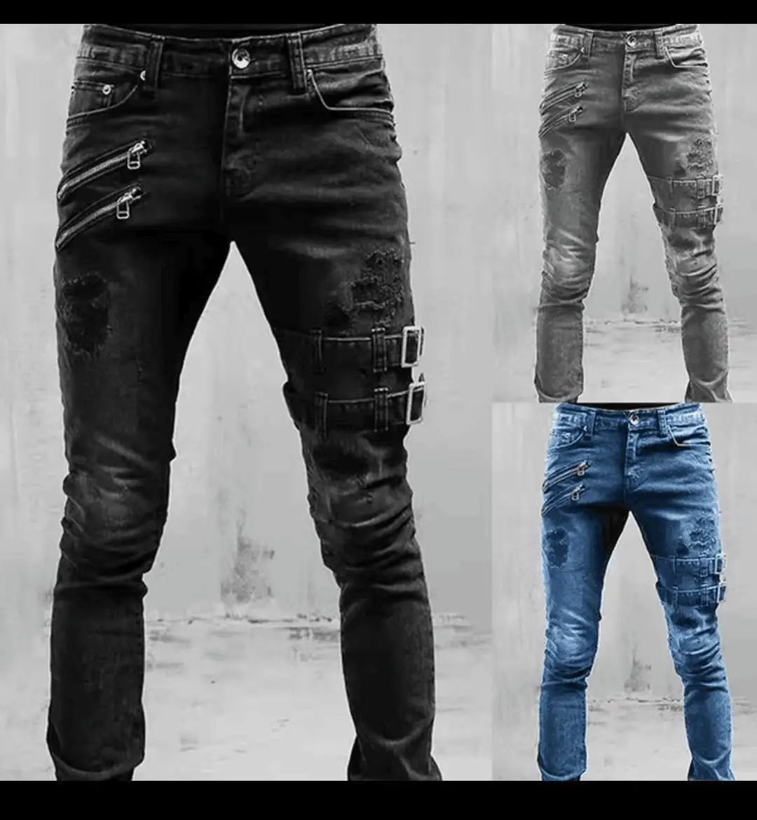 Pantalones vaqueros de tubo para hombre, de cintura media, estilo motociclista, lavados, con bolsillos, ajustados, ligeramente elásticos, hasta el tobillo, con cremallera, 2024