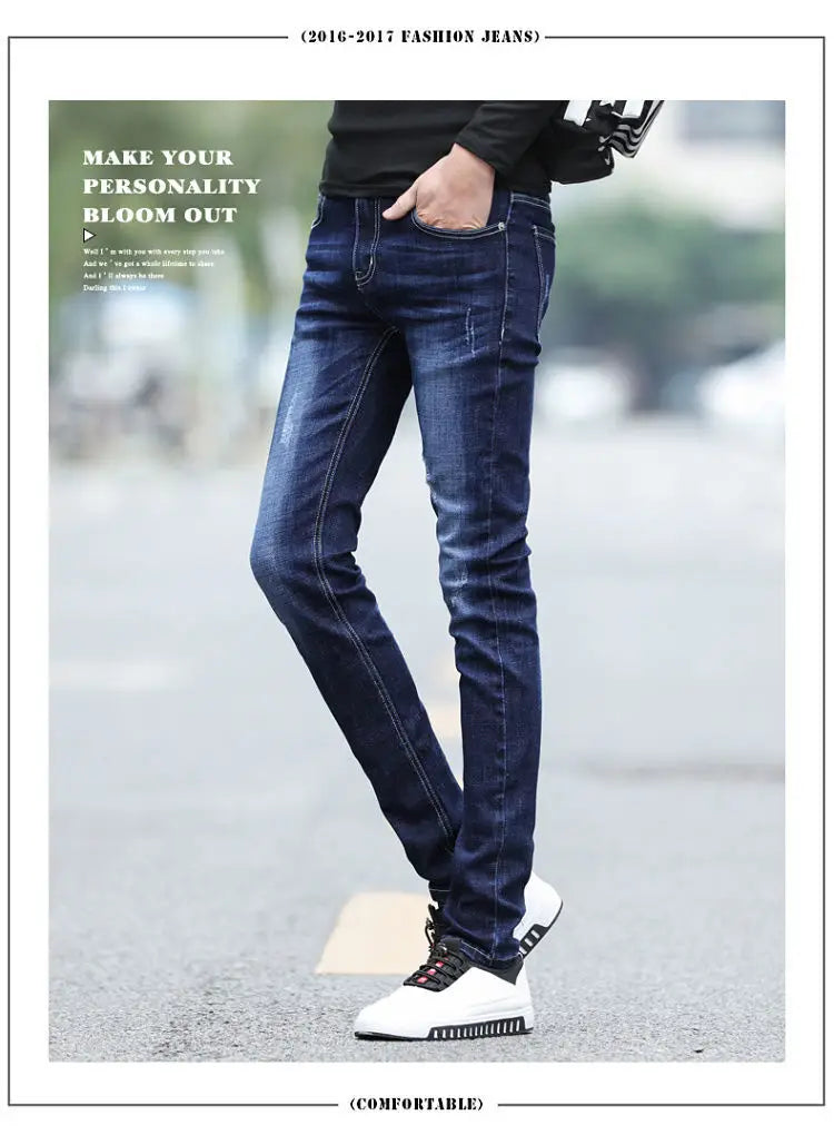 Pantalones vaqueros de diseño de primavera y otoño para hombre, estilo coreano, estilo boy friend, de algodón, elásticos, ajustados e informales.