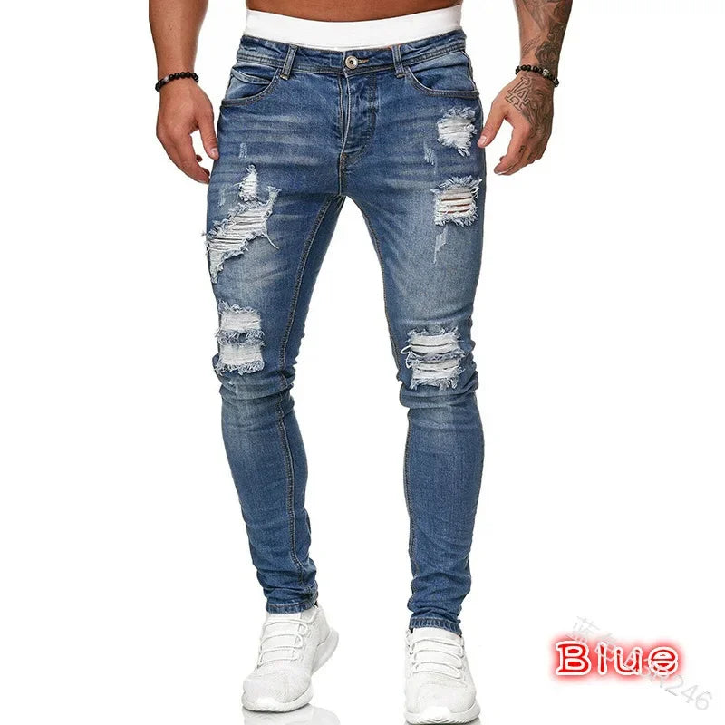 Ripped Men Jeans Denim Pant Mid Waist Slim Fit Vintage Denim Wash Punk Style Skinny Pencil Pants Distressed Holes Ankle Length