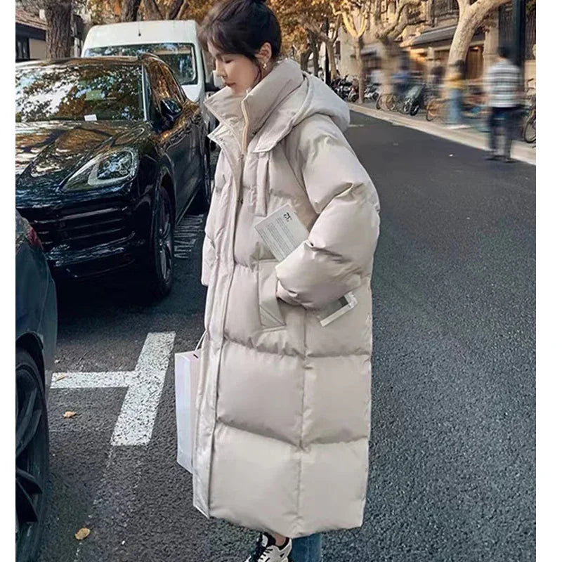 New Winter 2024 Women's Long Jacket Jacket Thickened Korean Loose Stylish Windproof Warm Hooded Down Cotton Jacket Coat