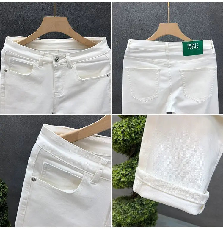 Fashion Luxury Designer Men's White Black Jeans Slim Fit Korean Style Stretch Denim Pants for Summer Stretch Skinny Jeans Male