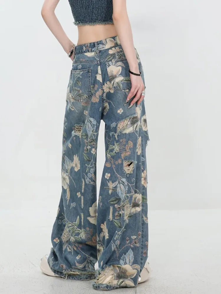 American Street Print Jeans For Women Trendy Style Loose And Versatile Floor-length Wide-leg Pants With A Versatile Design