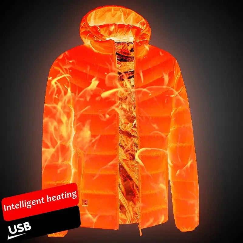 2023 NWE Men Winter Warm USB Heating Jackets Smart Thermostat Pure Color Hooded Heated Clothing Waterproof Warm Jackets