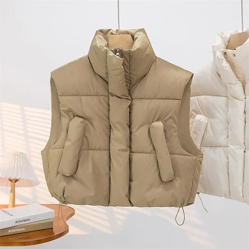 Women Warm Parkas Single Breasted Coats Autumn Winter Vest Coat Khaki High Waist Casual Vests Elegant Y2k Jackets Thick 2024