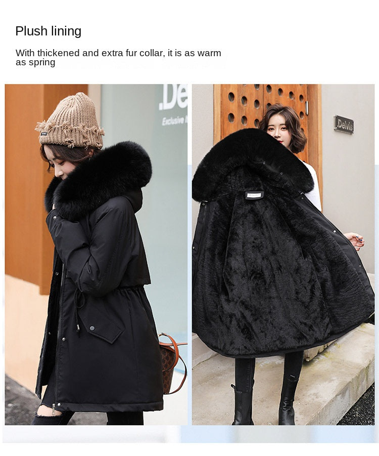 Women Parka Fashion 2023 Winter Jacket Slim with Fur Collar Warm Snow Wear Padded Clothes Long Coat Wool Liner Hooded Parkas