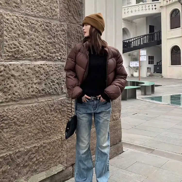 Women's Winter New Solid Color Stand Collar Short Cotton-padded Jacket, Korean Version Loose Casual High Waist Bread Served